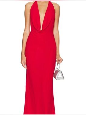 Red Satin Cowl-Neck Maxi Slip Dress